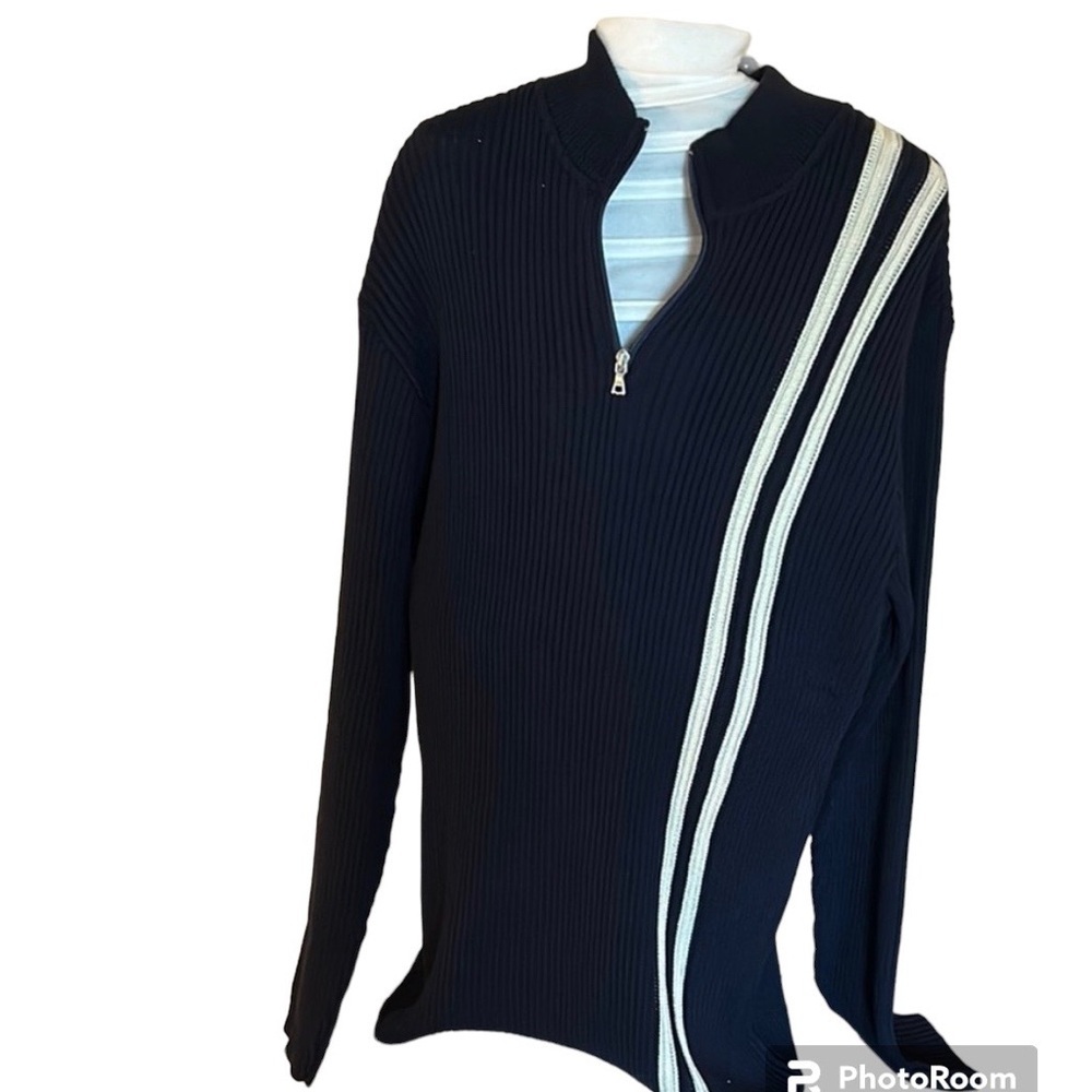 Blue quarter zip pullover cable knit sweater  with two stripes